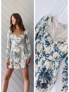 Aritzia Sunday Best Coco Dress in Sz 0 Giselle/Milky Blue Brown Cream Boho Mini